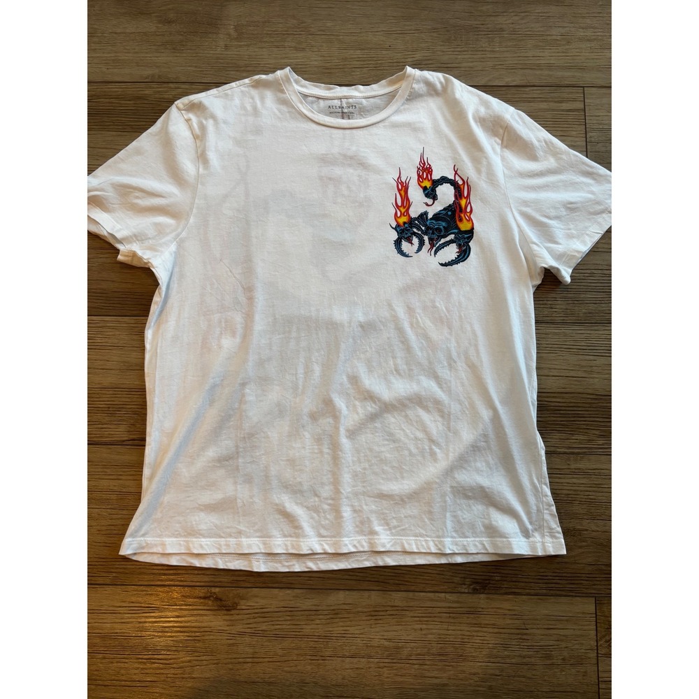 AllSaints Mens White Flaming Scorpion Skull Graphic T-Shirt Medium Short Sleeve